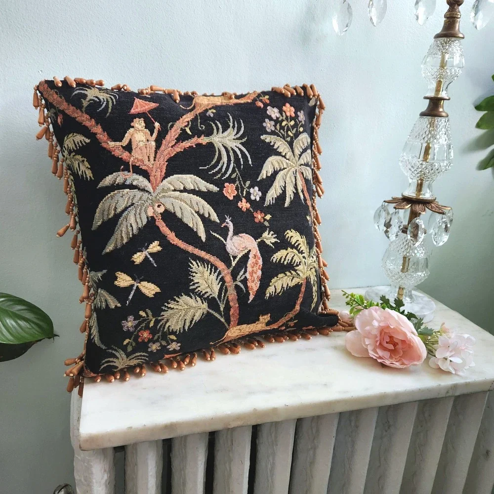 Vintage Tapestry Pillow Decorative Tropical Monkey Palm Tree Beaded Edge Feather
